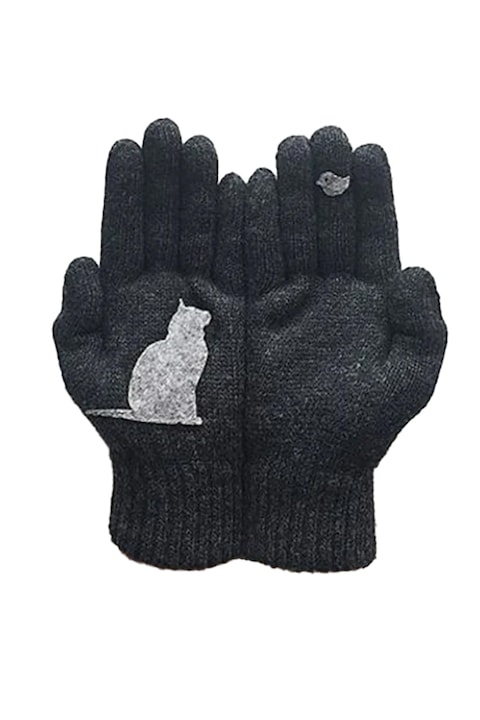 Дамски ръкавици, нежен модел, контрастен принт на дланта и пръста с котка и птичка, топла, закачлива котешка тема, универсален размер, черен, EFAYN