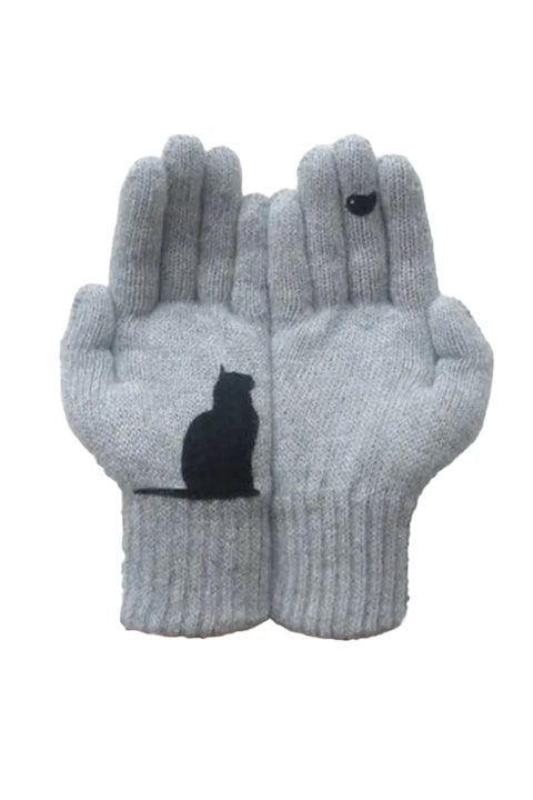 Дамски ръкавици, нежен модел, контрастен принт на дланта и пръста с котка и птичка, топла, закачлива котешка тема, универсален размер, сиво, EFAYN