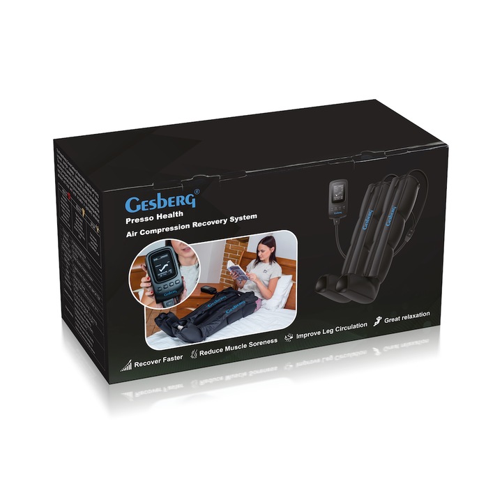 Gesberg® aparat masaj picioare, drenaj limfatic, masaj terapeutic, 4x2 camere, 8 niveluri intensitate, masaj picioare, gambe, coapse, 12W, Negru
