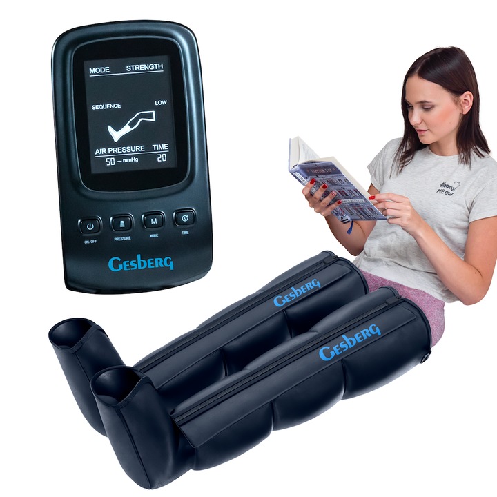 Lábmasszírozó GESBERG Presso Health (M méret), nyirokelvezetés, pressoterápia, 2x4 légkompressziós kamra, 8 intenzitási fokozat, 3 láb-, vádli- és combmasszázs program, Izom-regeneráló masszázs, Relaxációs masszázs keringésre, Fekete