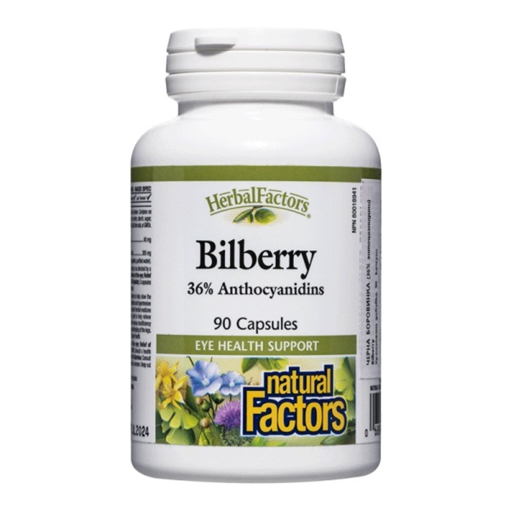 Хранителна добавка Natural Factors, Bilberry, Черна боровинка x 90 капсули