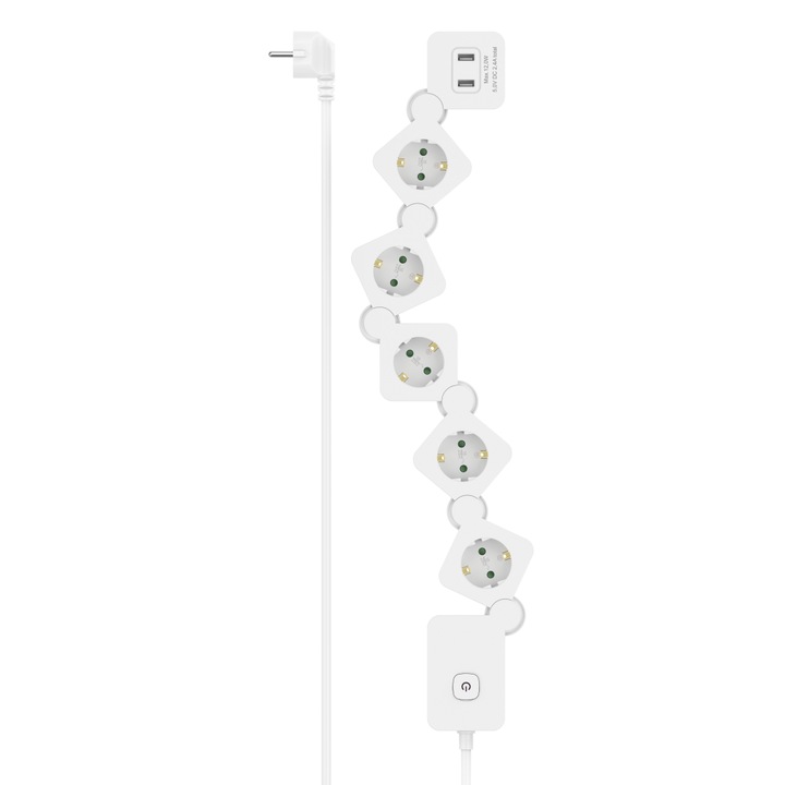 Разклонител Hama 00223190, С ключ, 5 гнезда, 2xUSB-A 12W 2.4A, H05VV-F3G1.5, 1.4 м, Бял