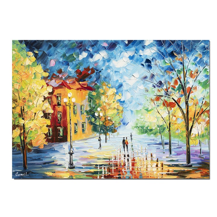 Tablou pictat manual living, hol, dormitor, Impreuna pe aleea vietii, stilizat, 70x50cm ulei pe panza in cutit efect 3D, gata de expus pe perete