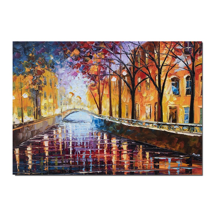 Tablou pictat manual living, hol, birou, O seara magica, peisaj citadin stilizat, 70x50cm ulei pe panza in cutit efect 3D, gata de expus pe perete