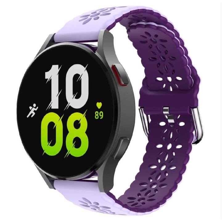 Virágos kivitelű szilikon szíj, két színben, kompatibilis: Samsung Galaxy Watch Active2, 40 44mm, Huawei Watch GT2 GT3 42mm, Xiaomi Amazfit Bip GTS 2 3 4 Mini Lite GTR, szélesség 20mm, Lilac Purple