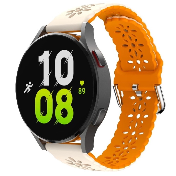 Virágos kivitelű szilikon szíj, két színben, kompatibilis: Samsung Galaxy Watch Active2, 40 44mm, Huawei Watch GT2 GT3 42mm, Xiaomi Amazfit Bip GTS 2 3 4 Mini Lite GTR, szélesség 20mm, krémnarancs