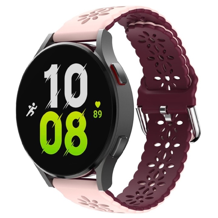 Virágos kivitelű szilikon szíj, két színben, kompatibilis: Samsung Galaxy Watch Active2, 40 44mm, Huawei Watch GT2 GT3 42mm, Xiaomi Amazfit Bip GTS 2 3 4 Mini Lite GTR, szélesség 20mm, Rózsaszín Lila
