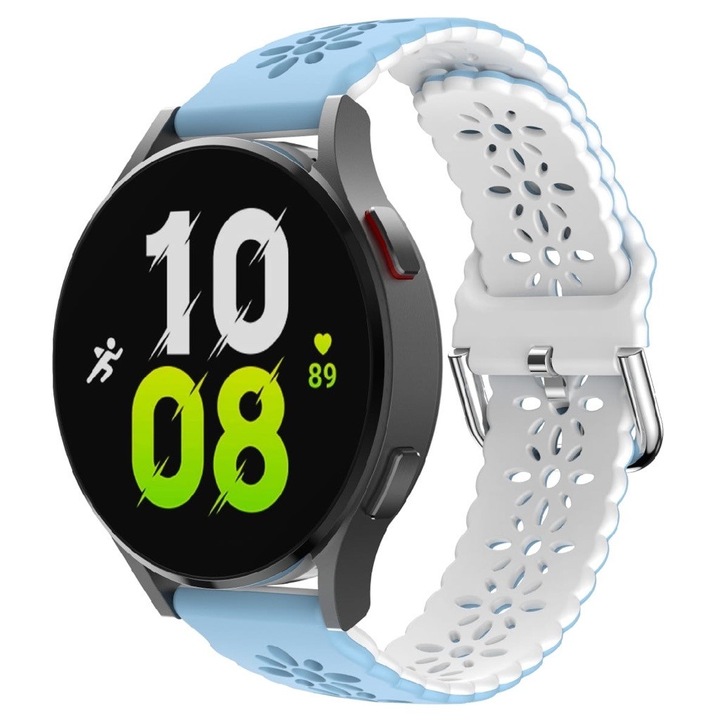 Virágos kivitelű szilikon szíj, két színben, kompatibilis: Samsung Galaxy Watch Active2, 40 44mm, Huawei Watch GT2 GT3 42mm, Xiaomi Amazfit Bip GTS 2 3 4 Mini Lite GTR, szélesség 20mm, fehér kék