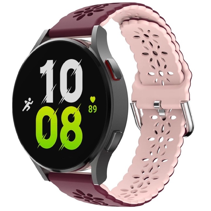 Virágos kivitelű szilikon szíj, két színben, kompatibilis: Samsung Galaxy Watch Active2, 40 44mm, Huawei Watch GT2 GT3 42mm, Xiaomi Amazfit Bip GTS 2 3 4 Mini Lite GTR, szélesség 20mm, lila rózsaszín