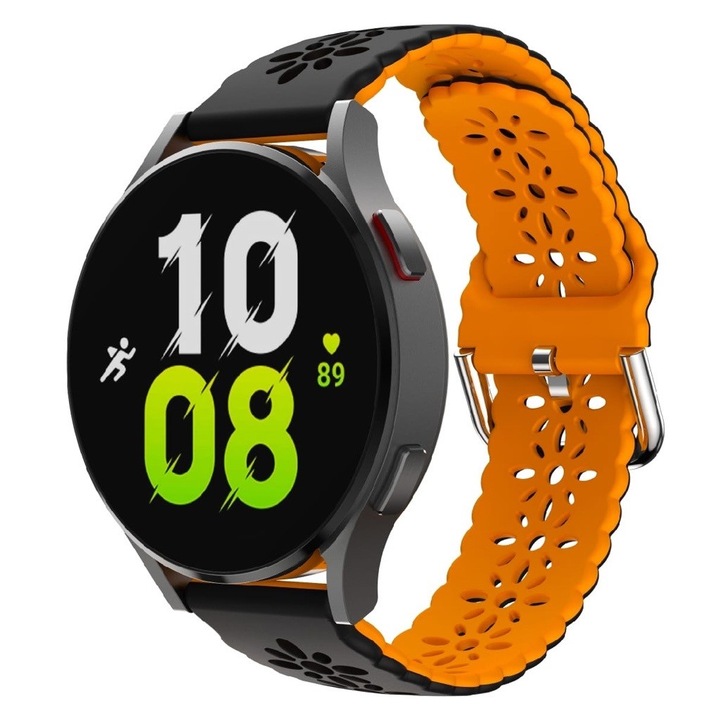 Virágos kivitelű szilikon szíj, két színben, kompatibilis: Samsung Galaxy Watch Active2, 40 44mm, Huawei Watch GT2 GT3 42mm, Xiaomi Amazfit Bip GTS 2 3 4 Mini Lite GTR, szélesség 20mm, fekete narancs