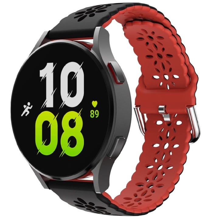 Virágos kivitelű szilikon szíj, két színben, kompatibilis: Samsung Galaxy Watch Active2, 40 44mm, Huawei Watch GT2 GT3 42mm, Xiaomi Amazfit Bip GTS 2 3 4 Mini Lite GTR, szélesség 20mm, fekete piros