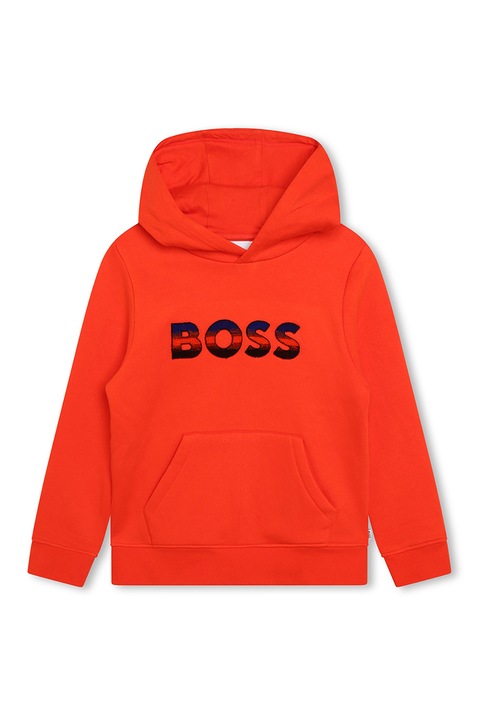 BOSS Kidswear, Hanorac cu imprimeu logo si buzunar kangaroo, Rosu
