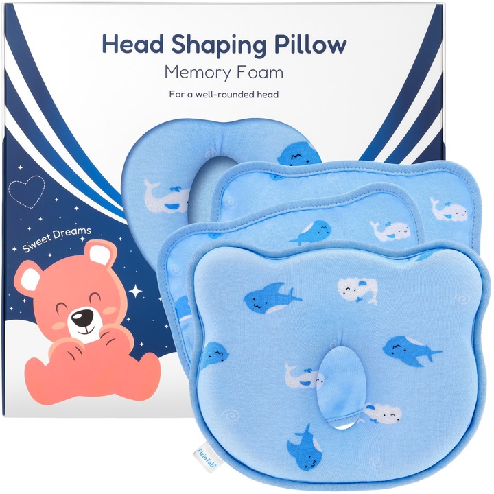 Perna Bebelusi FizioTab® cu 2 Huse de Protectie Anti Plagiocefalie pentru Formarea Capului, Spuma cu Memorie, Albastru, Balene