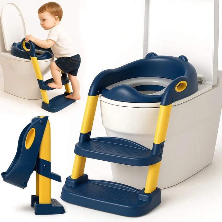 Reductor WC pentru Copii cu Scarita, Linomag®, Plabil, 38 x 40 x 47 cm, Albastru / Galben