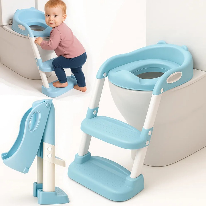 Reductor WC pentru Copii cu Scarita, Linomag®, Plabil, 38 x 40 x 47 cm, Blue Sky / Alb