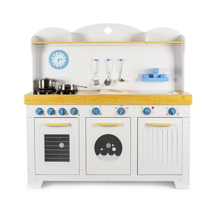 Bucatarie din lemn pentru copii, Leomark Saint Tropez, alb si albastru, dimensiuni 106,5 x 32 x 107 cm