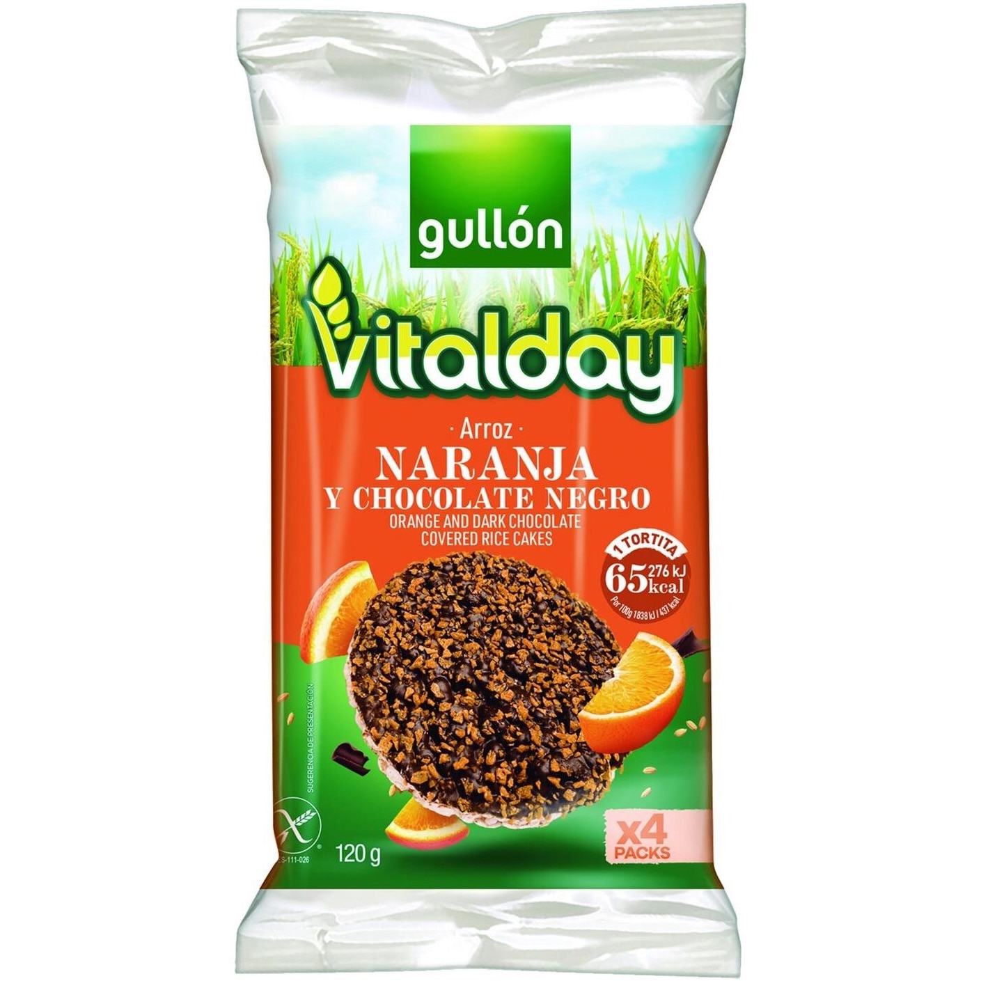 Orez expandat fara gluten cu glazura de ciocolata neagra si zmeura, Gullon Vitalday, 104.8g (4x26.2g)
