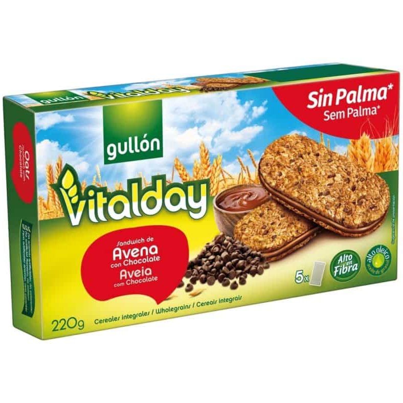 Biscuiti sandwich cu fulgi de ovaz si chipsuri de ciocolata cu crema de cacao, Gullon Vitalday, 220g