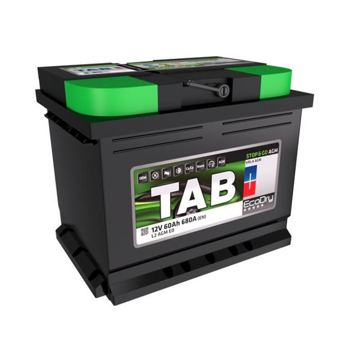 Baterie auto TAB EcoDry 60 AGM Start-Stop, tensiune 12V, amperaj 60 Ah, curent pornire 680 A, 242 x 175 x 190 mm