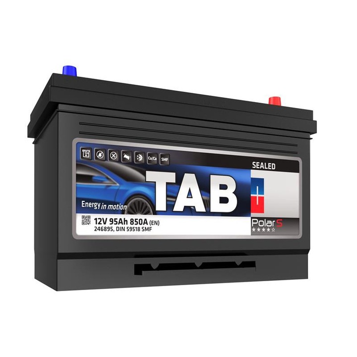 Baterie auto TAB Polar S 95 JIS, tensiune 12V, amperaj 95 Ah, curent pornire 850 A, 306 x 173 x 221 mm, borna dreapta plus