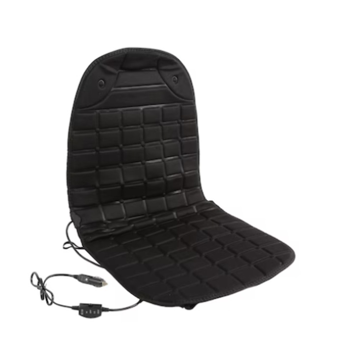 Калъф за автомобилна седалка с 2 нива на нагряване, 100x48 см, ключ ON/OFF, черен