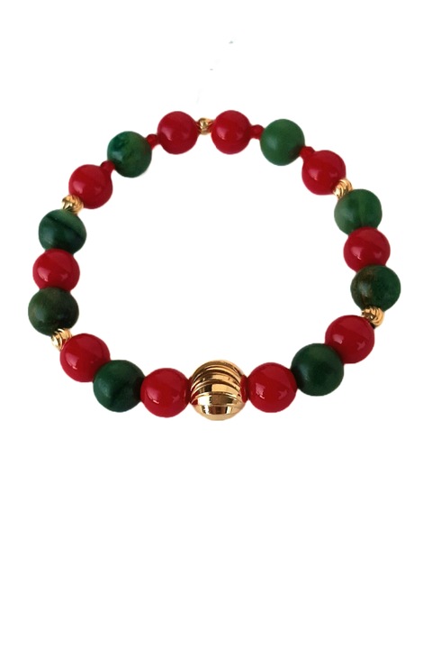 Bratara Craciun din Jad verde si Coral rosu, realizata manual cu accesorii aurii,19cm