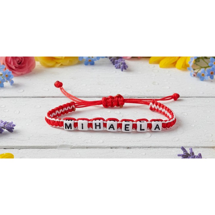 Bratara lucrata manual, Numele Mihaela, Rosu, 7 mm