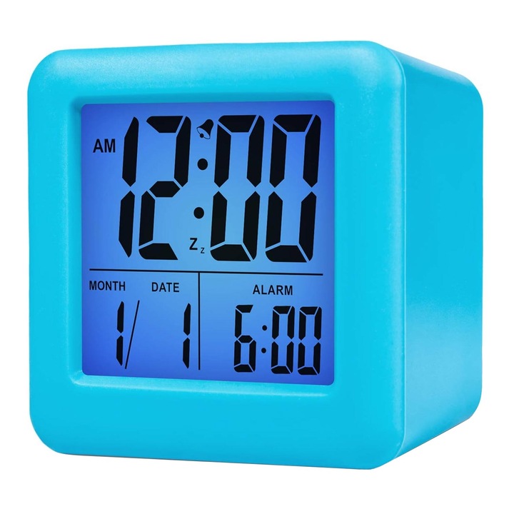 Ceas Digital, RASK®, Afisaj LED, Ora, Data, Temperatura, Alarma si Functie de amanare, Lampa de noapte, Senzor de lumina, Albastru