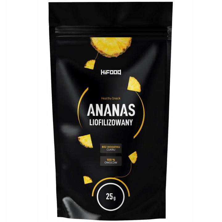 Fructe Uscate, HiFOOD, Ananas Liofilizat, 25 g, Continut Ridicat De Fibre, Indice Glicemic Scazut, Fructe Liofilizate Care Pastreaza 95% Din Vitamine, Fara Adaos De Zahar, Fara Adaos De Sulfiti, Bio Organic, 100% Natural, Ambalaj Zip, HF2225