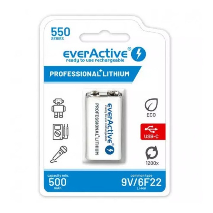 Baterie everactive 6f22/9v li-ion 550 mah cu usb tip c