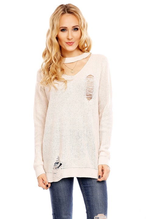 Pulover dama tricotat cu rupturi, Bej, S-M