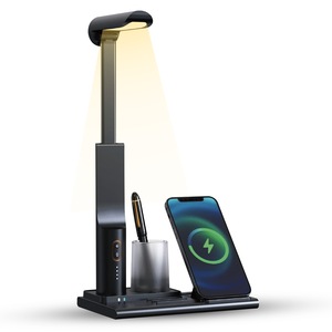 Lampa birou LED, Incarcator Wireless Fast Charge 15W, Reglare intensitate, 3 tipuri de lumina, Detasabila, Portabila, Suport de Pixuri si telefon, Port USB, Compatibila iPhone, Samsung, Huawei, Airpods, Negru
