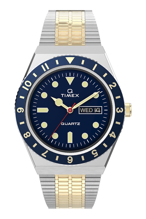 Timex, Двуцветен часовник Diver Inspired - 38 мм, Сребрист, Златист, Тъмносин