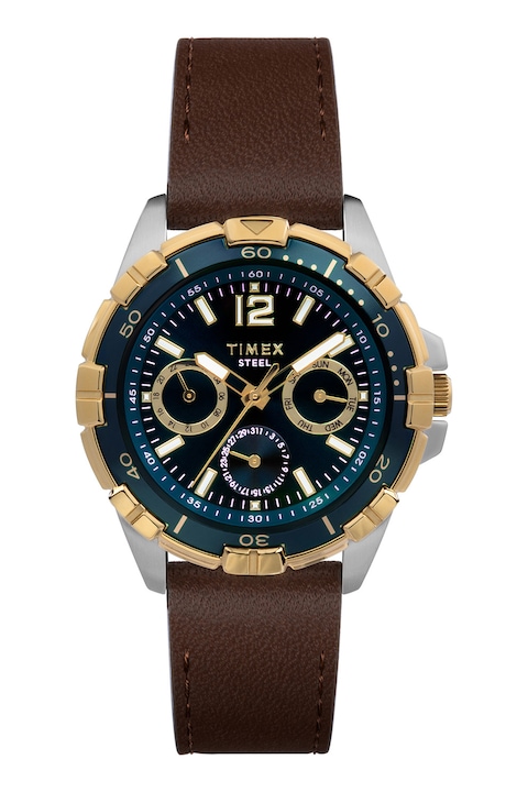 Timex, Мултифункционален часовник с кожена каишка - 45MM, Сребрист, Тъмносин, Тъмнокафяв