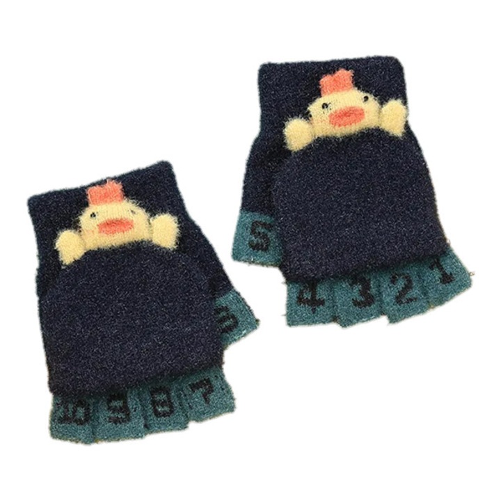 Manusi pentru copii, model cu degetele descoperite si numerotate, capac decapotabil prindere cu nasturel, manseta elastica, accesorizate cu puisor, tematica learn and play, marime 3 – 8 ani, albastru inchis, EFAYN