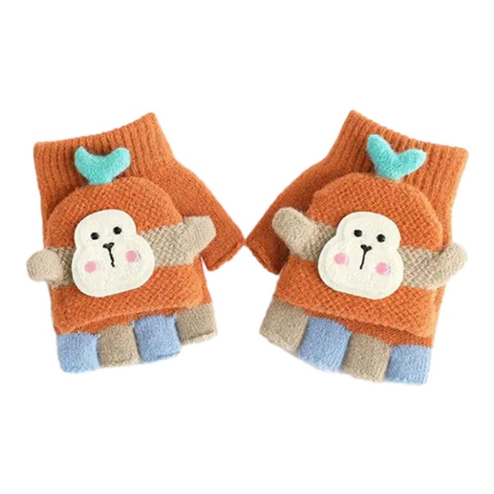 Manusi pentru copii, model cu degetele descoperite si capac decapotabil, prindere cu nasturel, accesorizate cu maimutica haioasa, manseta elastica, tematica happy winter, marime 3 – 6 ani, portocalii, EFAYN