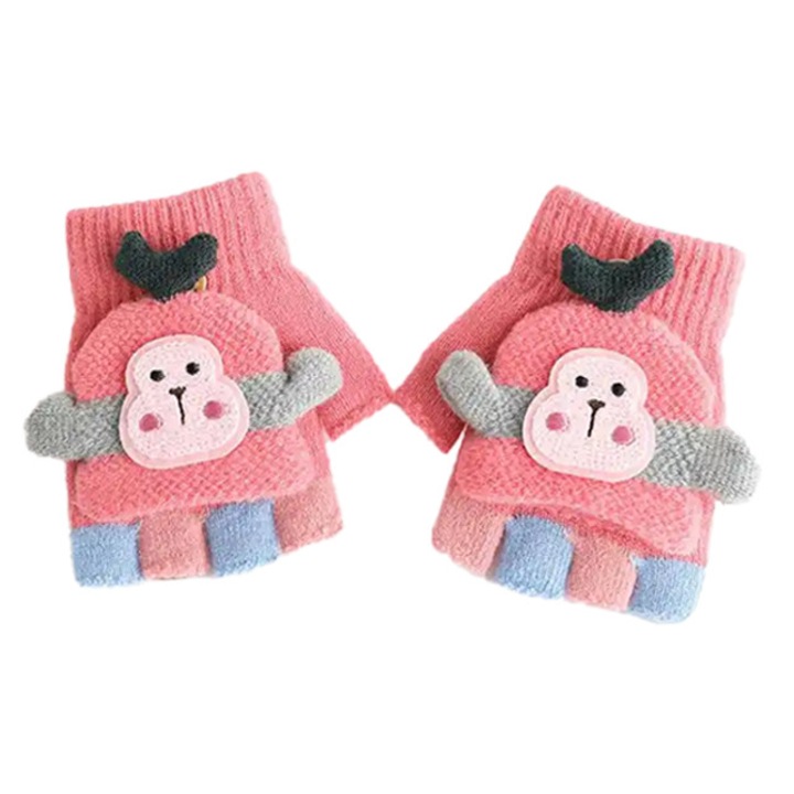 Manusi pentru copii, model cu degetele descoperite si capac decapotabil, prindere cu nasturel, accesorizate cu maimutica haioasa, manseta elastica, tematica happy winter, marime 3 – 6 ani, roz inchis, EFAYN