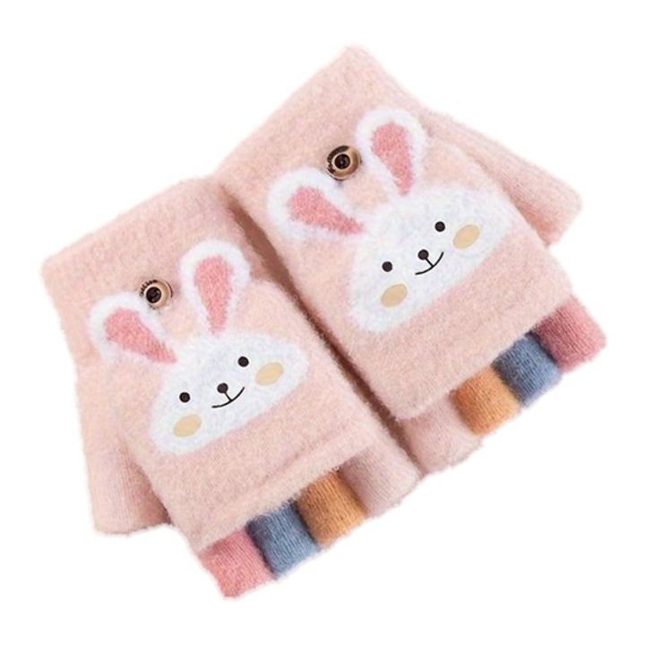 Manusi pentru copii, model cu degetele descoperite si capac decapotabil, prindere cu nasturel, accesorizate cu iepuras, manseta elastica, tematica cute bunny, marime 6 – 12 ani, roz deschis, EFAYN