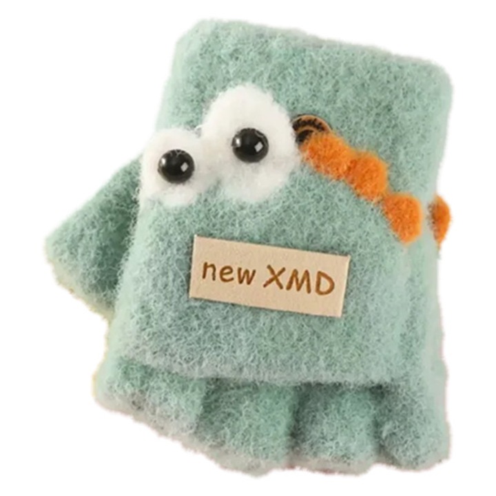 Manusi pentru copii, model cu degetele descoperite si capac decapotabil, prindere cu nasturel, accesorizate cu ochisori curiosi, manseta elastica, tematica funny dino, marime 0 – 3 ani, verzi, EFAYN