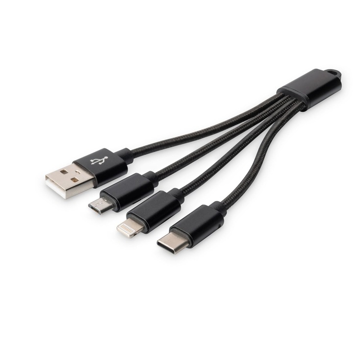 Digitus 3-in1 Charger male/male cable 0,15m Black, 232048, Kábel