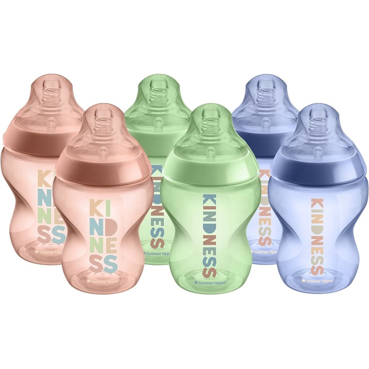 Комплект бебешки шишета Tommee Tippee, Be Kind, 260 ml, 6 бр., + 0 месеца, Многоцветни