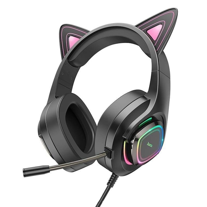 Casti Over-The-Ear cu fir, pentru gaming, cu urechi pisica, conectivitate Jack 3.5mm, cu microfon, lumini LED, ABS, 2m lungime cablu, Negru-Roz