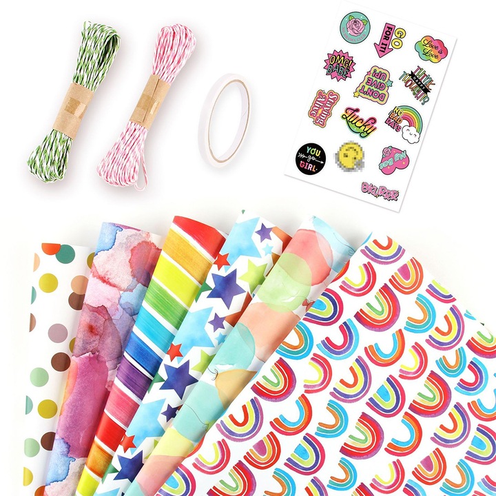 Set 6 Hartie ambalat cadouri, Ronyes®, Craciun, Vintage, 50x70cm, cu franghie, etichete si banda adeziva cu doua fete, Multicolor