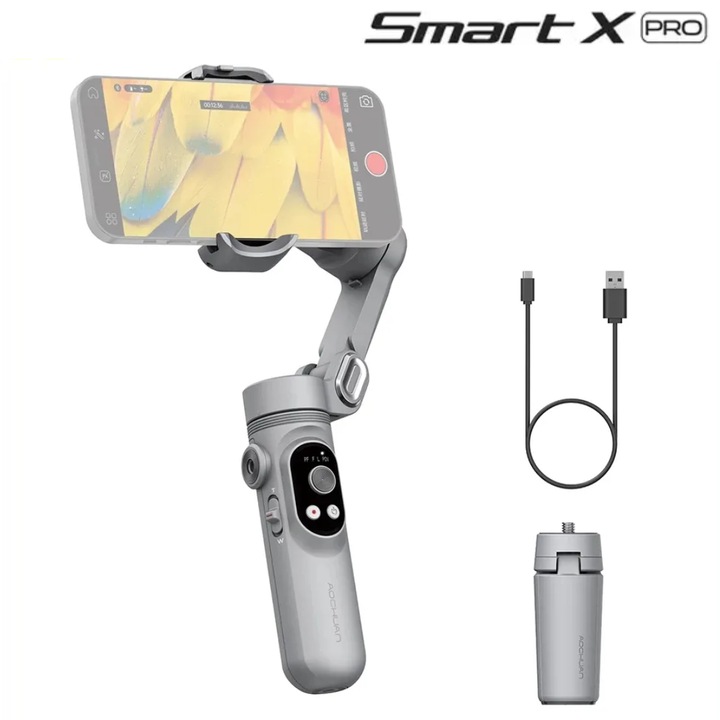 Sistem de Stabilizare Gimbal Aochuan Smart X Pro, Cu 3 Axe, Trepied, Autonomie Mare, Baterie Inclus, Urmareste Fata si Corpul, Aplicatie Dedicata Compatibila Android si IOS, Gri