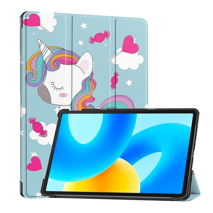 Кожен калъф за таблет Samsung Galaxy Tab A9, Пълна защита, Топ качество, Дизайн на еднорог, Многоцветен
