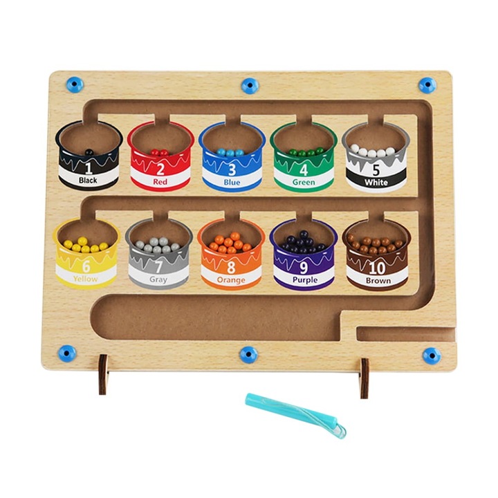 Joc magnetic cu bile, sortare si numarare 8 recipiente, 3 ani+, ajutor pentru scriere prescolara, lemn, cu cifre, Multicolor, Picodino®