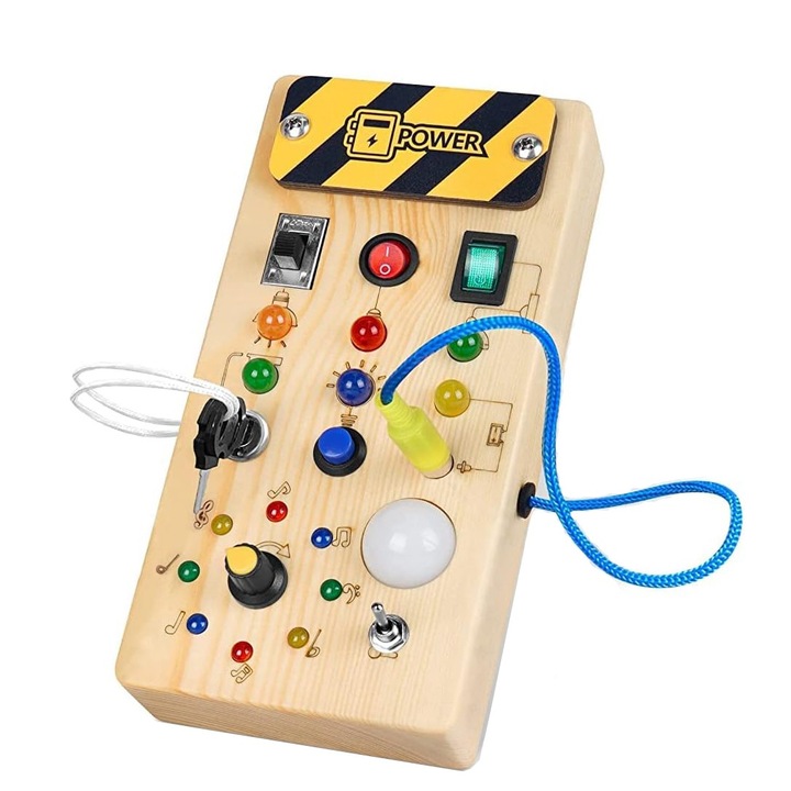 Joc Montessori de invatare a abilitatilor motorii, BOMSTOM, tablou electric cu 8 elemente, Cu lumina LED, din lemn, 9.7 x 3 x 19.7 cm, Bej