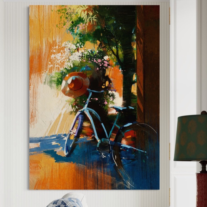 Tablou Canvas Premium, LuxCanva® A1264, Bicicleta, 50 X 70 CM, Panza Bumbac 100% 400g/m2, Sasiu Lemn, Living, Flori, Copac, Palarie, Dormitor, Culori Vibrante