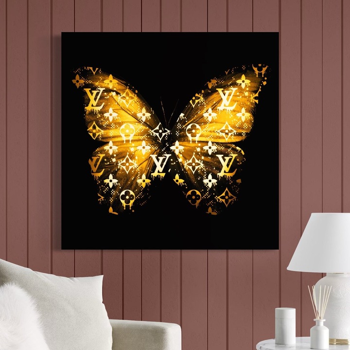 Премиум Канава Картина, LuxCanva® B1084, Пеперудата Луи Вюитон, 100 X 100 СМ, 100% Памучно Платно 400г/м2, Дървена Рамка, Хол, Модна Къща, Париж, Офис, Мода, Лукс, Пеперуда, Черно и Златно