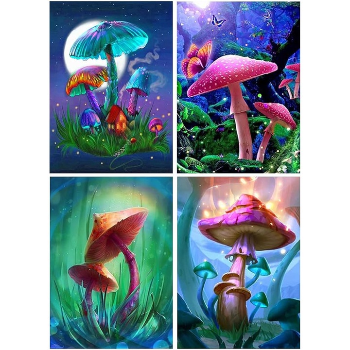 Set 4 picturi pe numere cu diamante 5d tema ciuperci, 30x40 cm, multicolorate